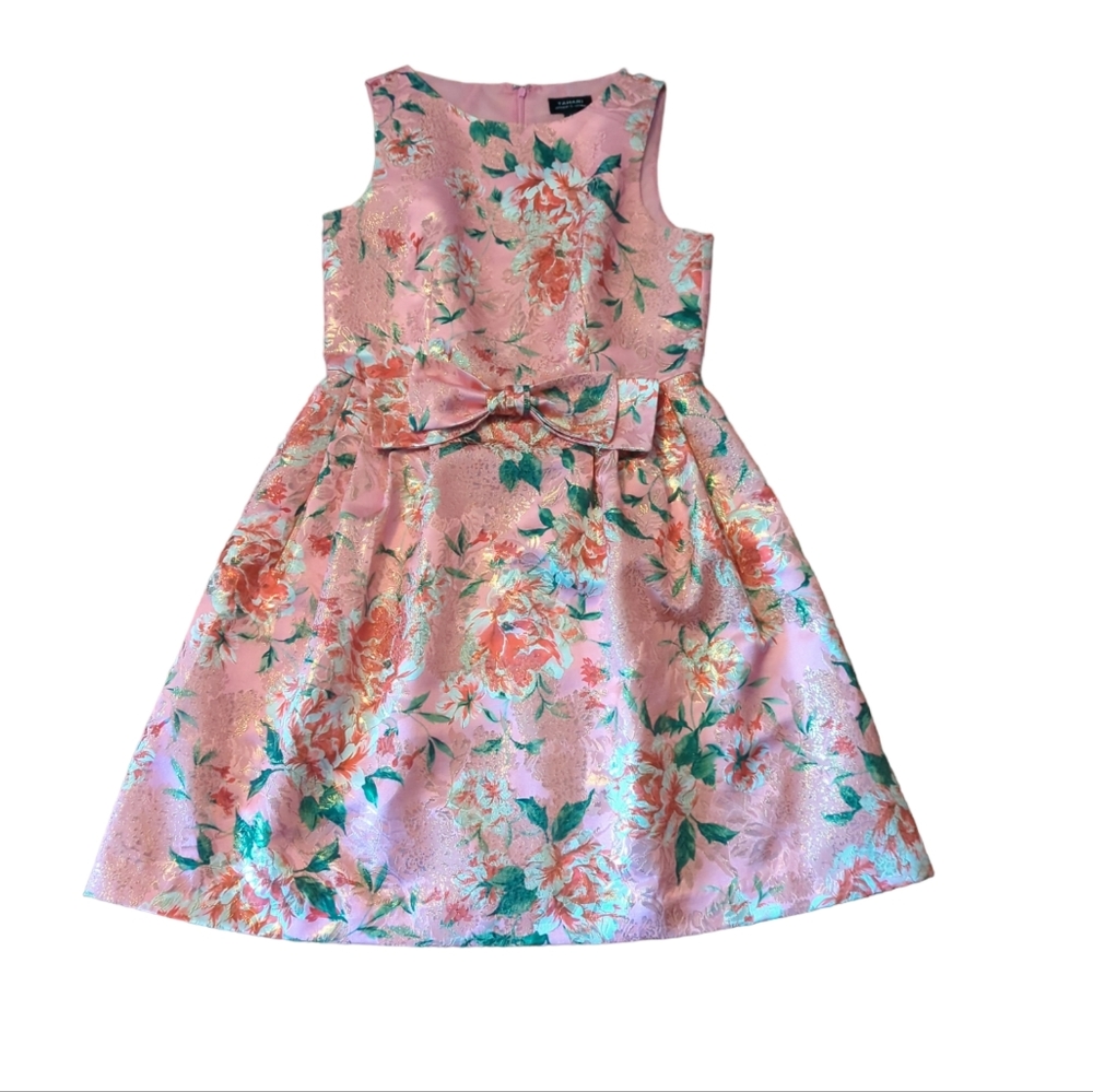 TAHARI sleeveless pink brocade dress with bow at waist. Sz 8